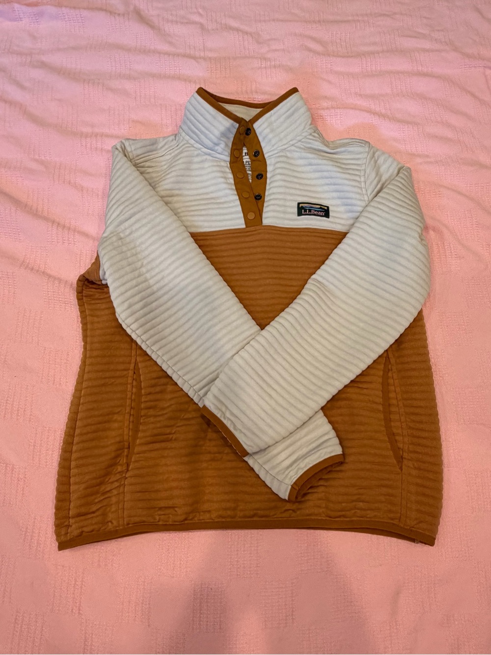 L.L.Bean Two-Tone Quarter Button Pullover - Cream & Camel